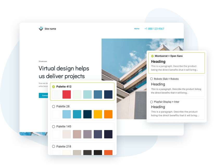 Site avec panneaux de polices et palettes