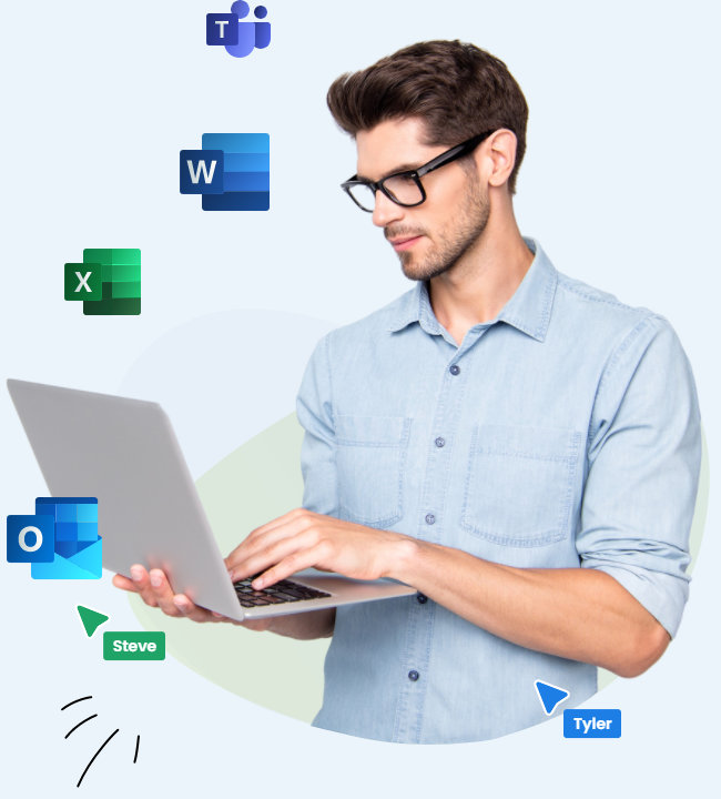 Man on laptop with MS Office icons floating around him