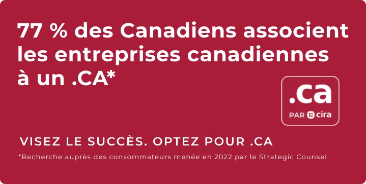 Bannière promotionnelle de l'ACEI faisant la publicité de 77 % des entreprises canadiennes utilisent un domaine .ca.