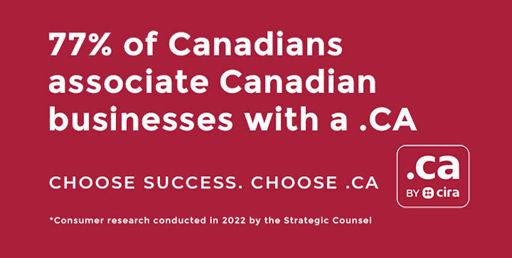 Promotional CIRA banner advertising 77% of Canadian businesses use a .ca domain.